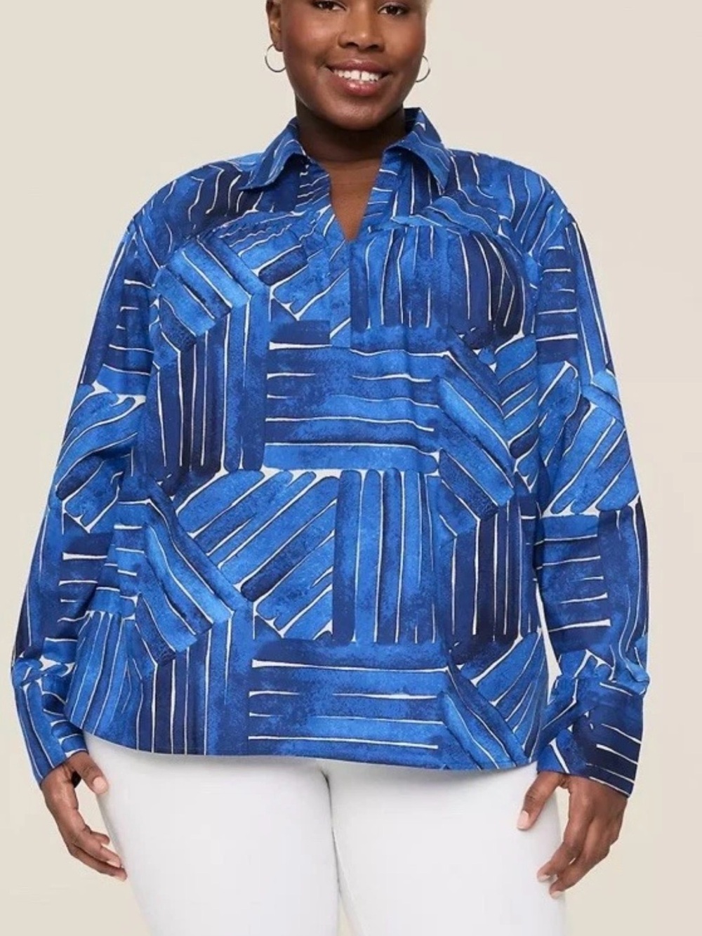 NWT Lane Bryant Blue White Watercolor Geometric popover Blouse size 14/16